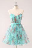 Fluffy Strapless Green Floral Short Cocktail Dress