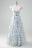 Light Blue Flower Printed A-Line Cap Sleeves Long Formal Dress