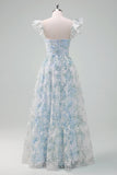 Light Blue Flower Printed A-Line Cap Sleeves Long Formal Dress