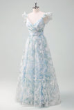 Light Blue Flower Printed A-Line Cap Sleeves Long Formal Dress