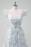 Light Blue Flower Printed A-Line Cap Sleeves Long Formal Dress