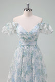 Light Blue Flower Printed A-Line Cap Sleeves Long Formal Dress