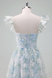 Light Blue Flower Printed A-Line Cap Sleeves Long Formal Dress