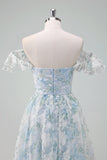 Light Blue Flower Printed A-Line Cap Sleeves Long Formal Dress