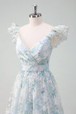 Light Blue Flower Printed A-Line Cap Sleeves Long Formal Dress