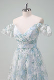 Light Blue Flower Printed A-Line Cap Sleeves Long Formal Dress