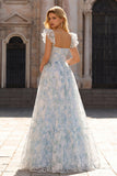 Light Blue Flower Printed A-Line Cap Sleeves Long Formal Dress