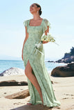 Dusty Sage A Line Printed Floral Long Bridesmaid Dress with Slit