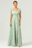 Dusty Sage Square Neck Printed Flower Long Bridesmaid Dress with Slit