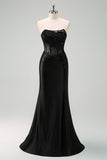 Black Strapless Mermaid Ruched Corset Long Formal Dress