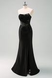 Black Strapless Mermaid Ruched Corset Long Formal Dress