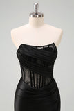 Black Strapless Mermaid Ruched Corset Long Formal Dress