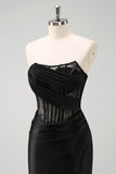 Black Strapless Mermaid Ruched Corset Long Formal Dress