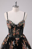 Sparkly Black A-Line Floral Short Homecoming Dress