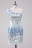 Sparkly Light Blue One Shoulder Sequins Bodycon Short Homecoming Dress