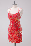 Glitter Red Spaghetti Straps Sequins Bodycon Short Homecoming Dress