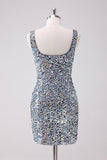 Sparkly Silver Square Neck Tight Homecoming Dress with Slit