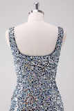 Sparkly Silver Square Neck Tight Homecoming Dress with Slit