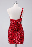 Sparkly Red One Shoulder Tight Short Homecoming Dress with Sequins