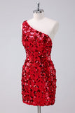 Sparkly Red One Shoulder Tight Short Homecoming Dress with Sequins