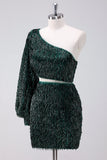 Sparkly Dark Green One Shoulder Tight Short Homecoming Dress with Tassels