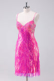 Sparkly Hot Pink A Line Spaghetti Straps Fringe Sequins Homecoming Dress