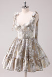 Silver Adjustable Straps A-Line Short Metallic Cocktaill Dress with Ruffles