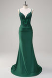 Dark Green Mermaid Spaghetti Straps Ruched Satin Long Formal Dress with Beading