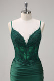 Dark Green Mermaid Spaghetti Straps Ruched Satin Long Formal Dress with Beading