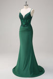 Dark Green Mermaid Spaghetti Straps Ruched Satin Long Formal Dress with Beading