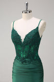 Dark Green Mermaid Spaghetti Straps Ruched Satin Long Formal Dress with Beading