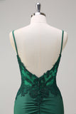 Dark Green Mermaid Spaghetti Straps Ruched Satin Long Formal Dress with Beading