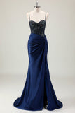 Dark Navy Mermaid Sparkly Sequins Spaghetti Straps Formal Dress with Slit