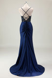 Dark Navy Mermaid Sparkly Sequins Spaghetti Straps Formal Dress with Slit