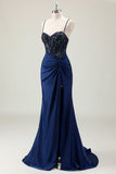 Dark Navy Mermaid Sparkly Sequins Spaghetti Straps Formal Dress with Slit