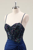 Dark Navy Mermaid Sparkly Sequins Spaghetti Straps Formal Dress with Slit