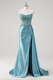 Grey Blue Mermaid Strapless Corset Sequined Satin Formal Dress