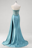 Grey Blue Mermaid Strapless Corset Sequined Satin Formal Dress