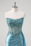 Grey Blue Mermaid Strapless Corset Sequined Satin Formal Dress