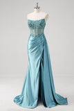 Grey Blue Mermaid Strapless Corset Sequined Satin Formal Dress