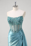 Grey Blue Mermaid Strapless Corset Sequined Satin Formal Dress