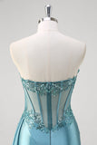 Grey Blue Mermaid Strapless Corset Sequined Satin Formal Dress