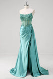 Teal Mermaid Strapless Corset Sequined Satin Formal Dress