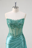 Teal Mermaid Strapless Corset Sequined Satin Formal Dress