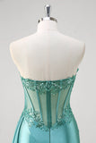 Teal Mermaid Strapless Corset Sequined Satin Formal Dress