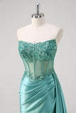 Teal Mermaid Strapless Corset Sequined Satin Formal Dress