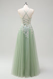 Sage A-Line Spaghetti Straps Tulle Long Formal Dress with Appliques