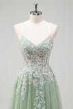 Sage A-Line Spaghetti Straps Tulle Long Formal Dress with Appliques