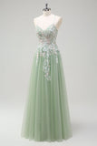 Sage A-Line Spaghetti Straps Tulle Long Formal Dress with Appliques