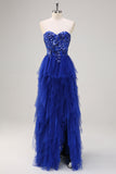 Sparkly Royal Blue A-Line Strapless Sequin Ruffles Tulle Long Formal Dress with Slit